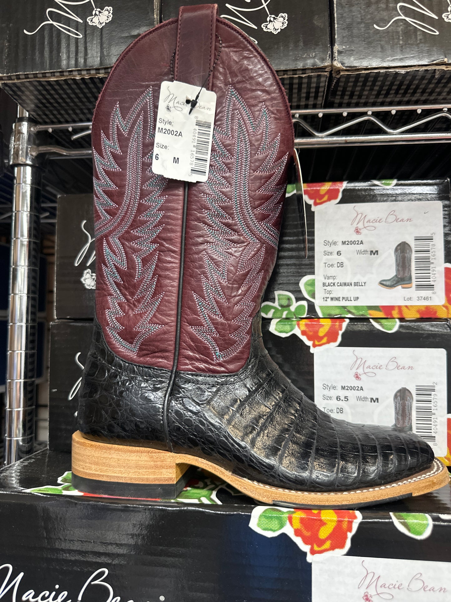 Macie Bean Womens Boot M2002 Black Caiman Belly/ Wine Pull Up