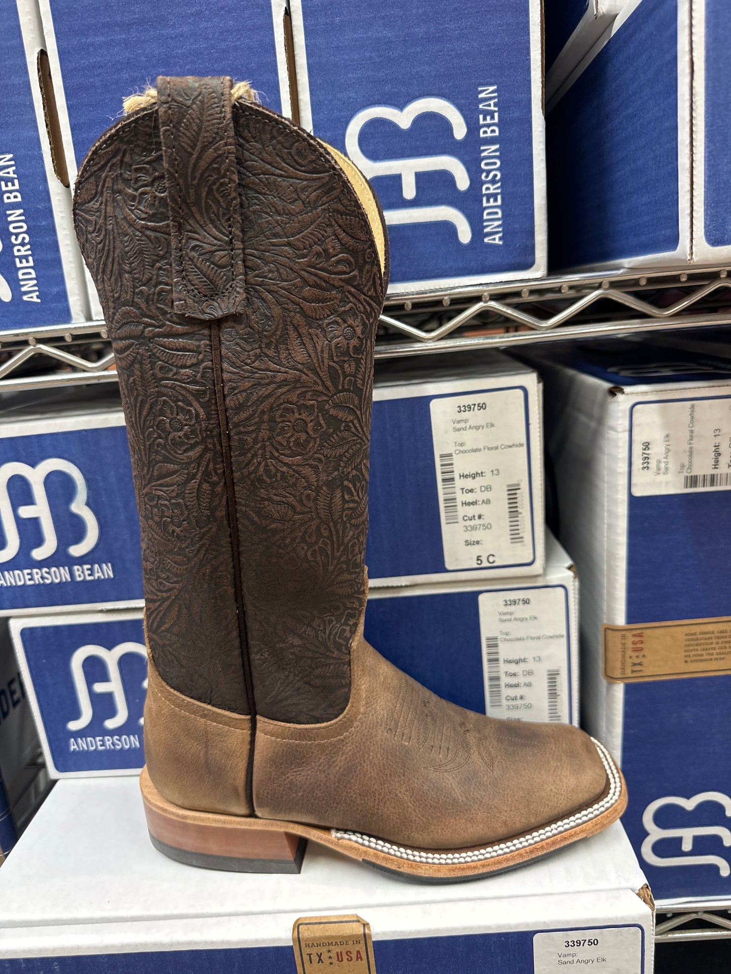 Anderson Bean Womens Boot 339750 Sand Angry Elk/Chocolate Floral Cowhide